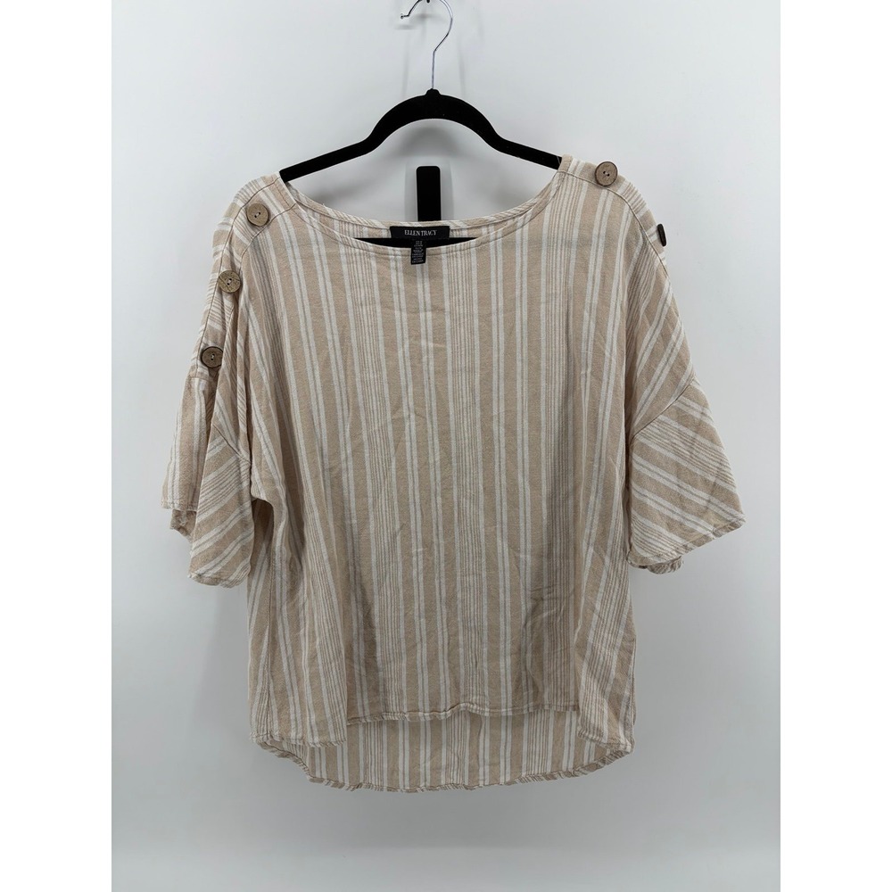 Ellen Tracy, Tan/White Striped Linen Blend Button Shoulder Blouse, Women Medium